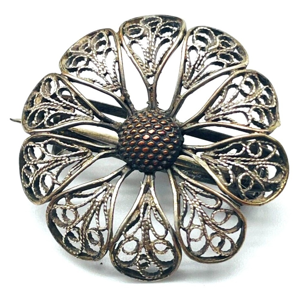 Vintage Silver Tone Filigree Flower Brooch Large Floral Openwork Pin Retro